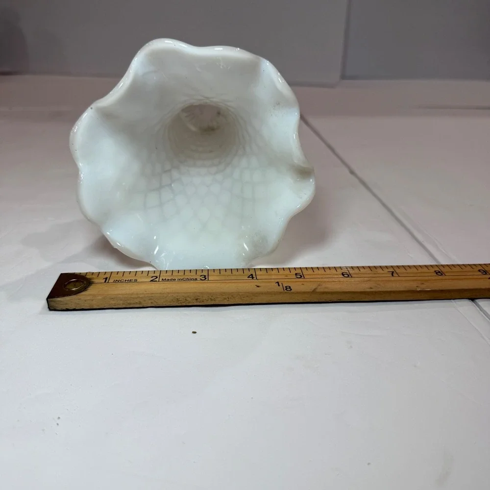 Vintage Milk Glass Diamond Quilt Ruffled Trumpet Vase Wedding Cottage Decor
